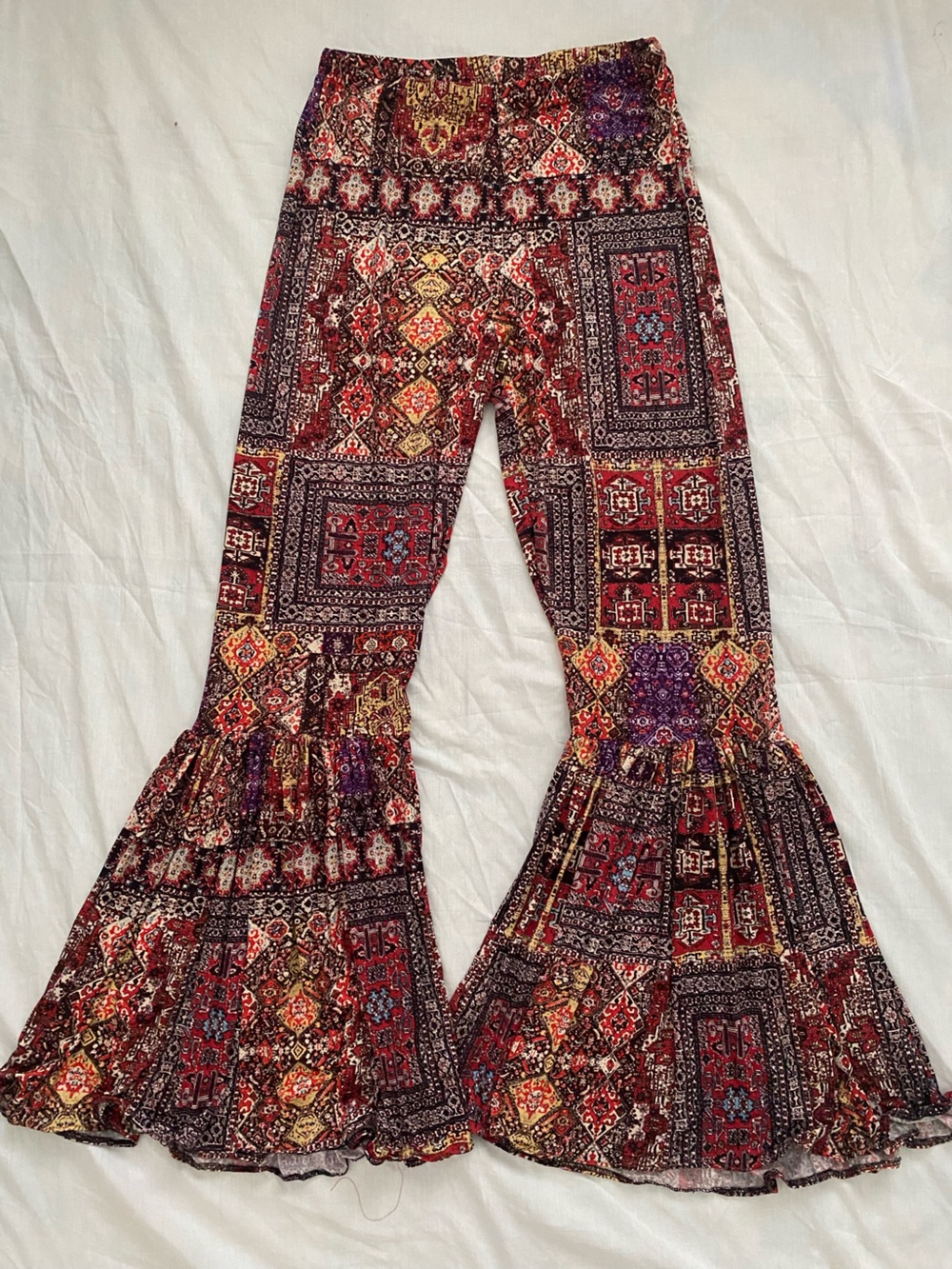Patchwork Wide-Leg Ruffle Hem Jumpsuit — Red Multi